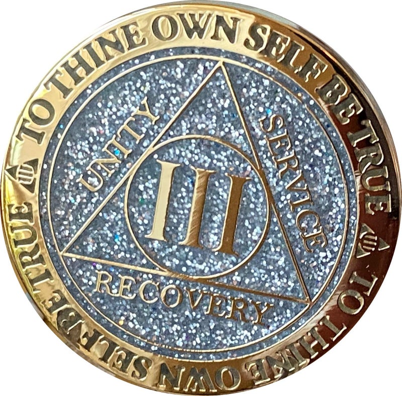 RecoveryChip 3 Year AA Medallion Reflex Silver Glitter Gold Plated Color Chip III